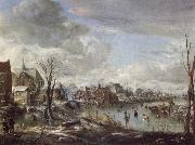 Aert van der Neer, A Frozen River Near a Village,with Golfers and Skaters